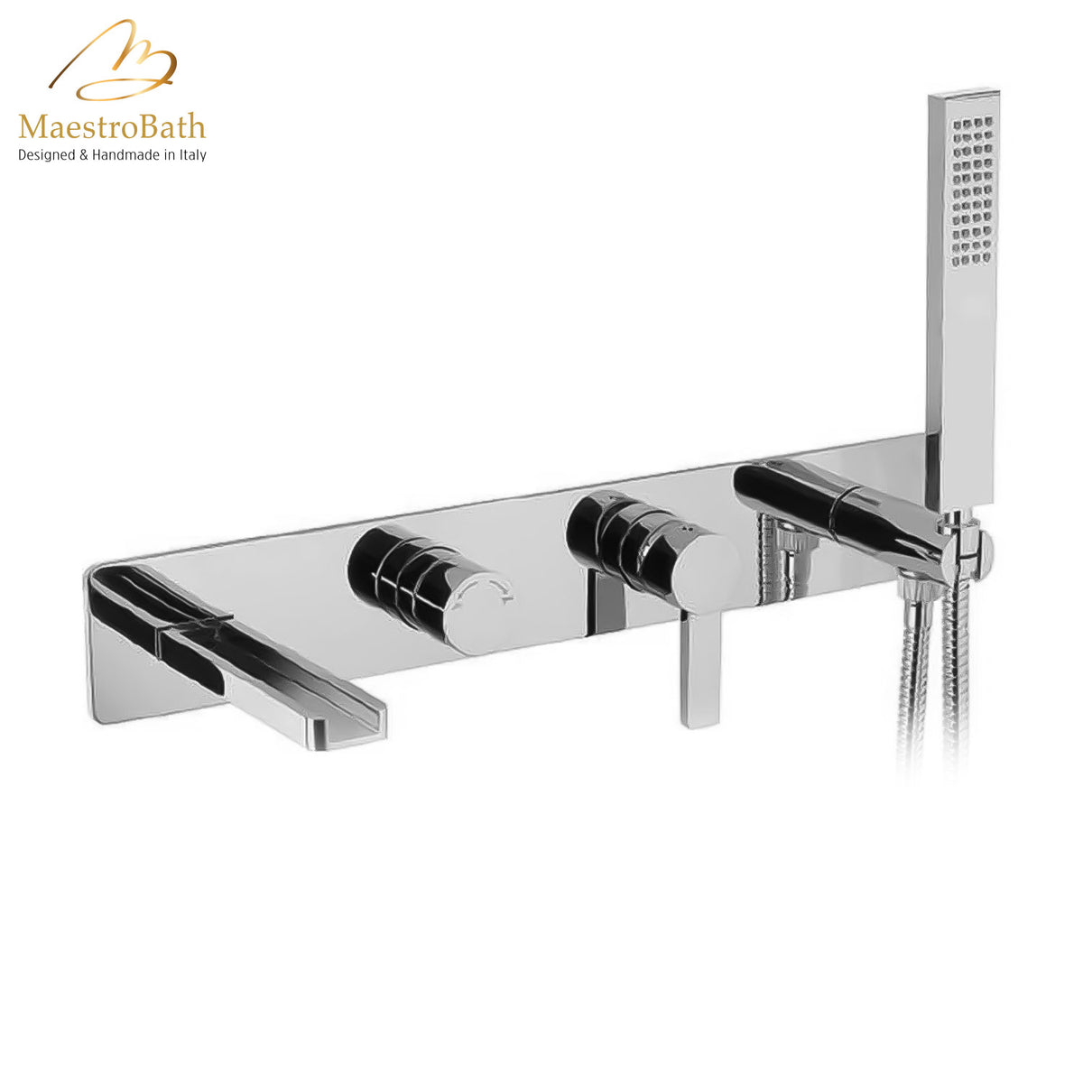 Brass tub filler, shown in polished chrome, with waterfall spout, 15.7 inch by 3.1 inch by 5 inch, made of lead-free brass