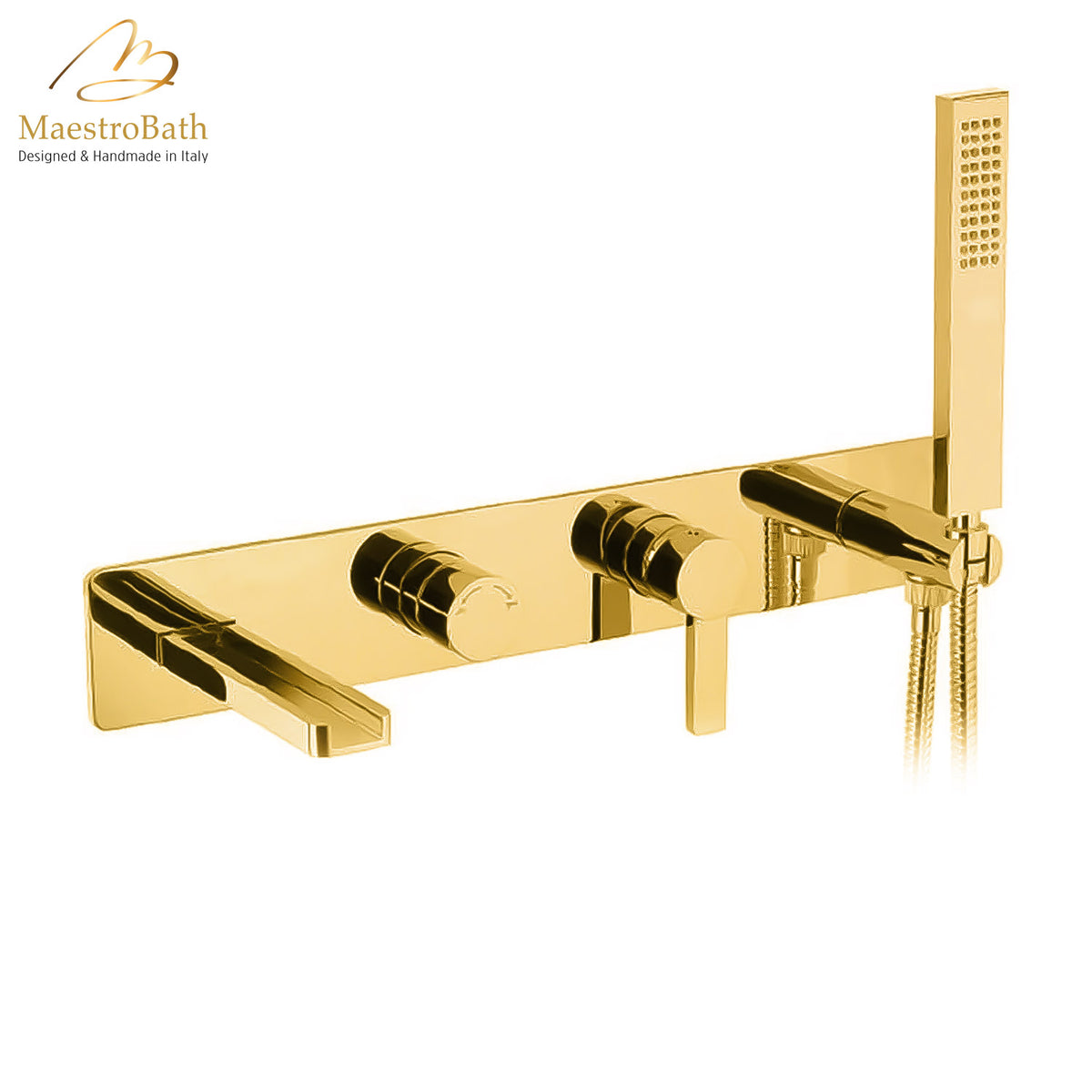 Brass tub filler, shown in polished gold, with waterfall spout, 15.7 inch by 3.1 inch by 5 inch, made of lead-free brass