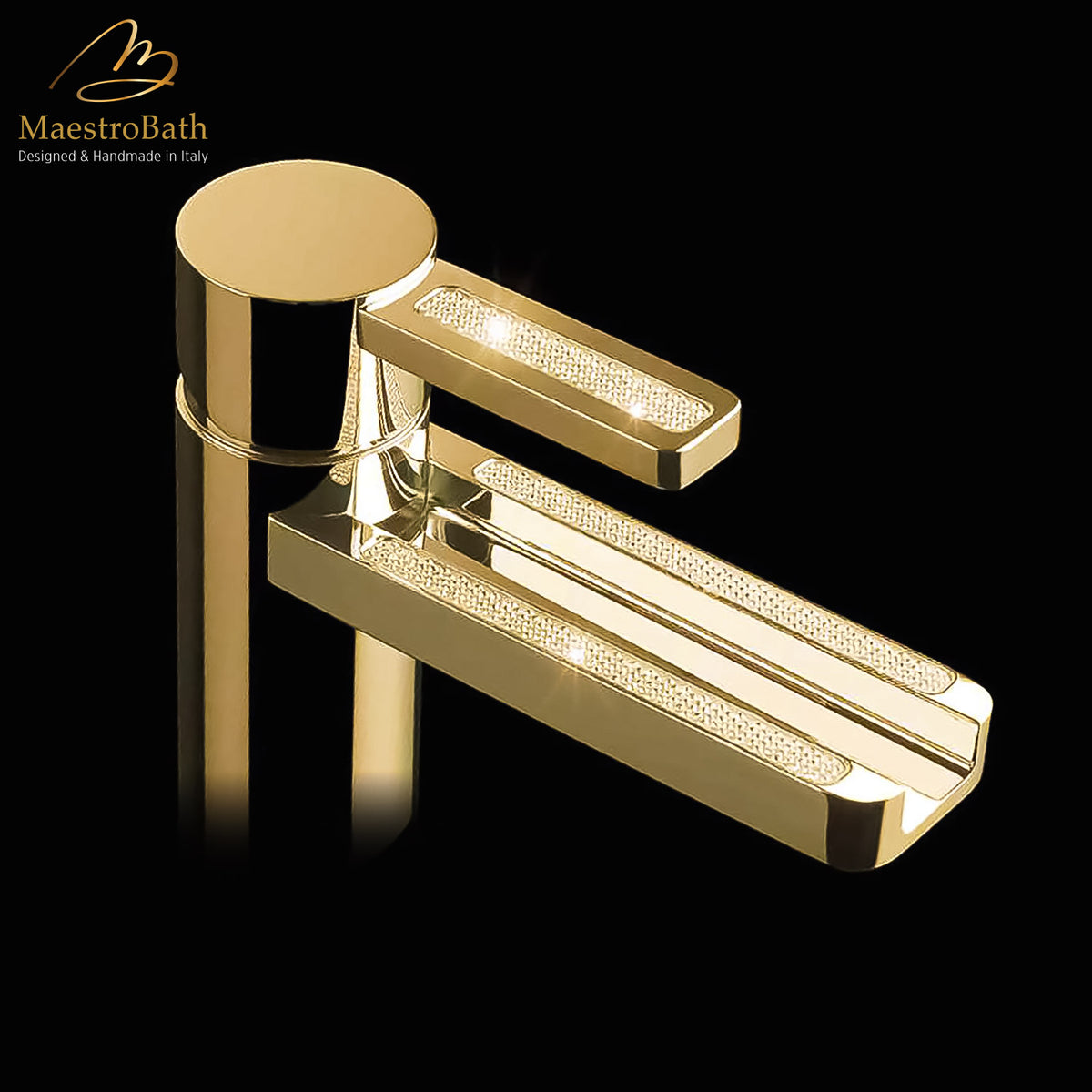 Deck mounted brass single hole bathroom faucet, shown in polished gold, with Swarovski crystal #color_polished gold