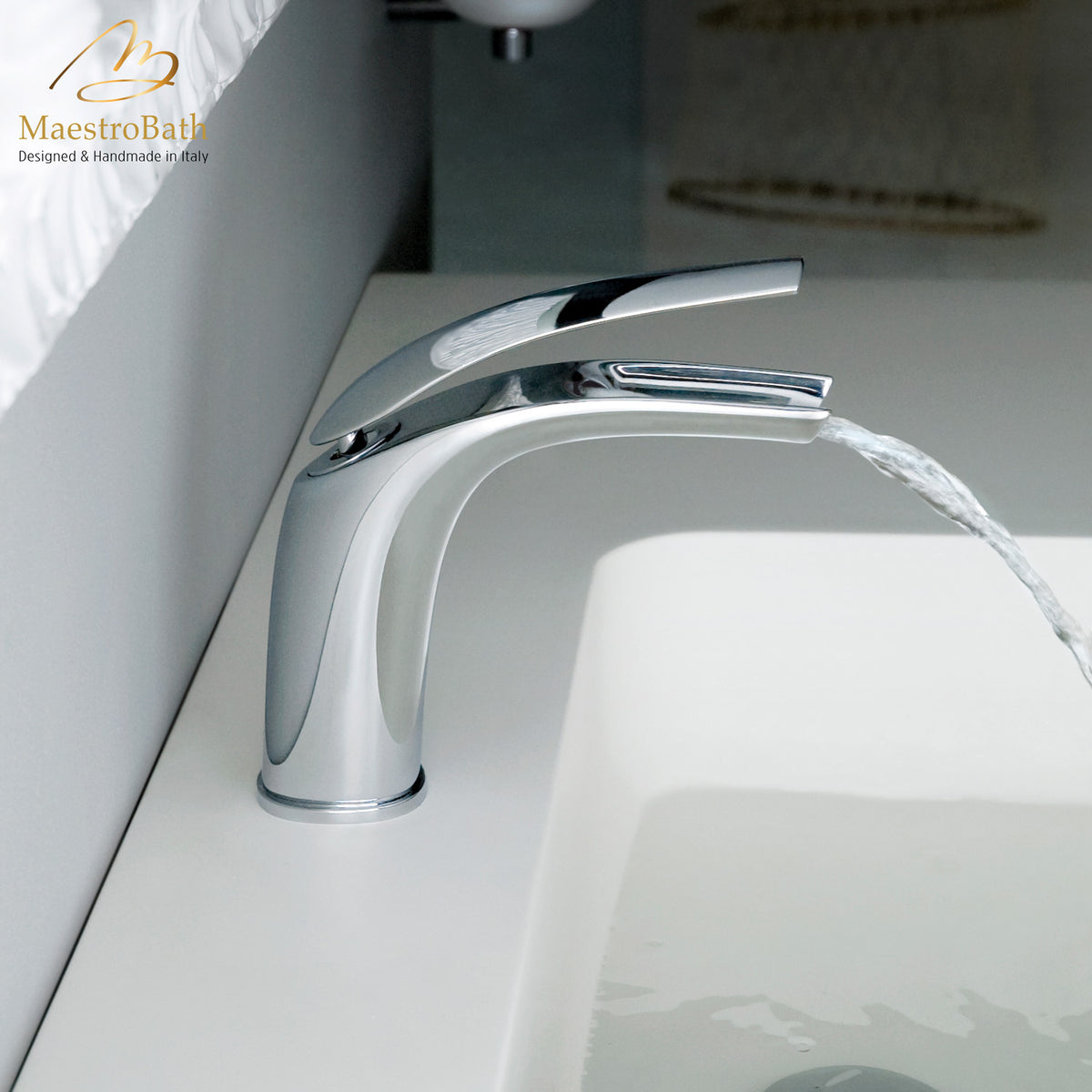Deck mounted brass single hole bathroom faucet, shown in polished chrome, 5.8 inch spout height and a 5.7 inch spout reach #color_polished chrome