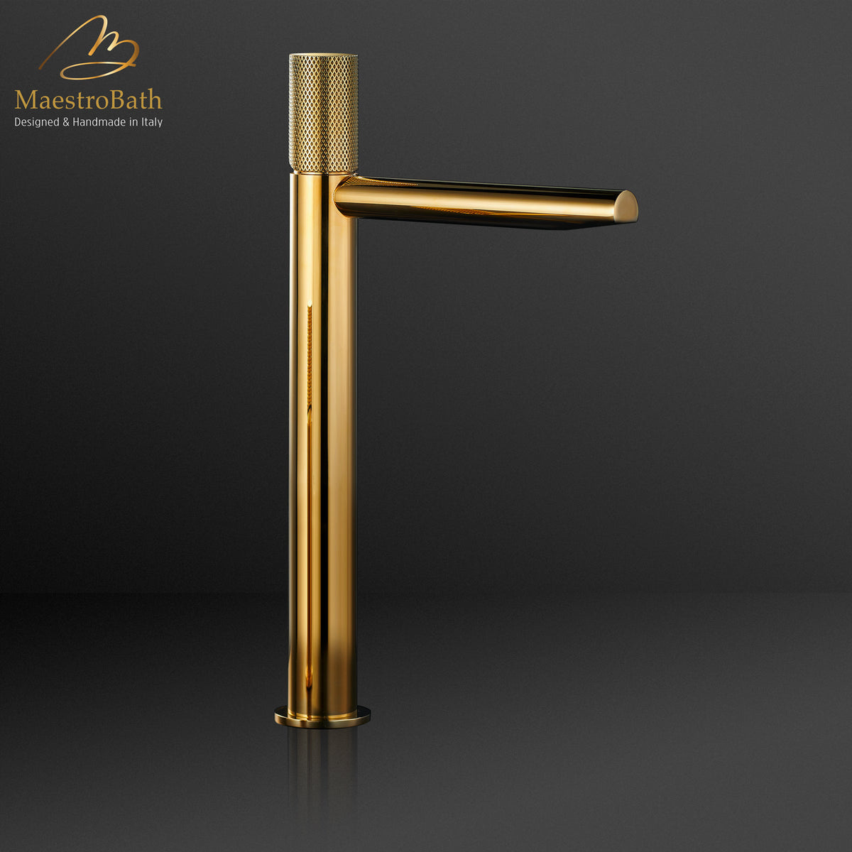 Deck mounted brass single hole bathroom faucet, shown in polished gold, 13.3 inch spout height and a 6.6 inch spout reach #Color_Polished Gold
