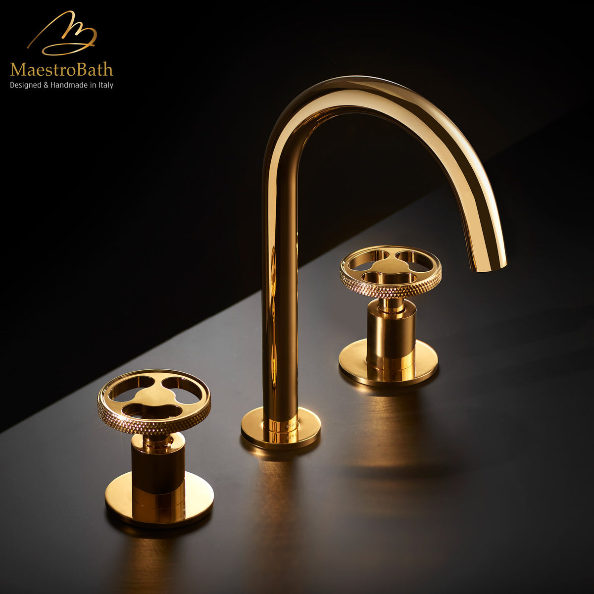 Deck mounted brass three hole bathroom faucet, shown in polished gold, 11 inch spout height and a 5.5 inch spout reach #color_polished gold