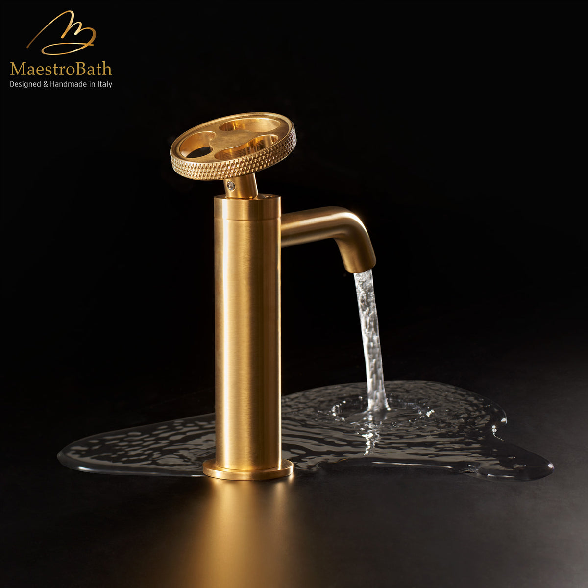 Deck mounted brass single hole bathroom faucet, shown in brushed gold, 6.8 inch spout height and a 4.6 inch spout reach #color_brushed gold
