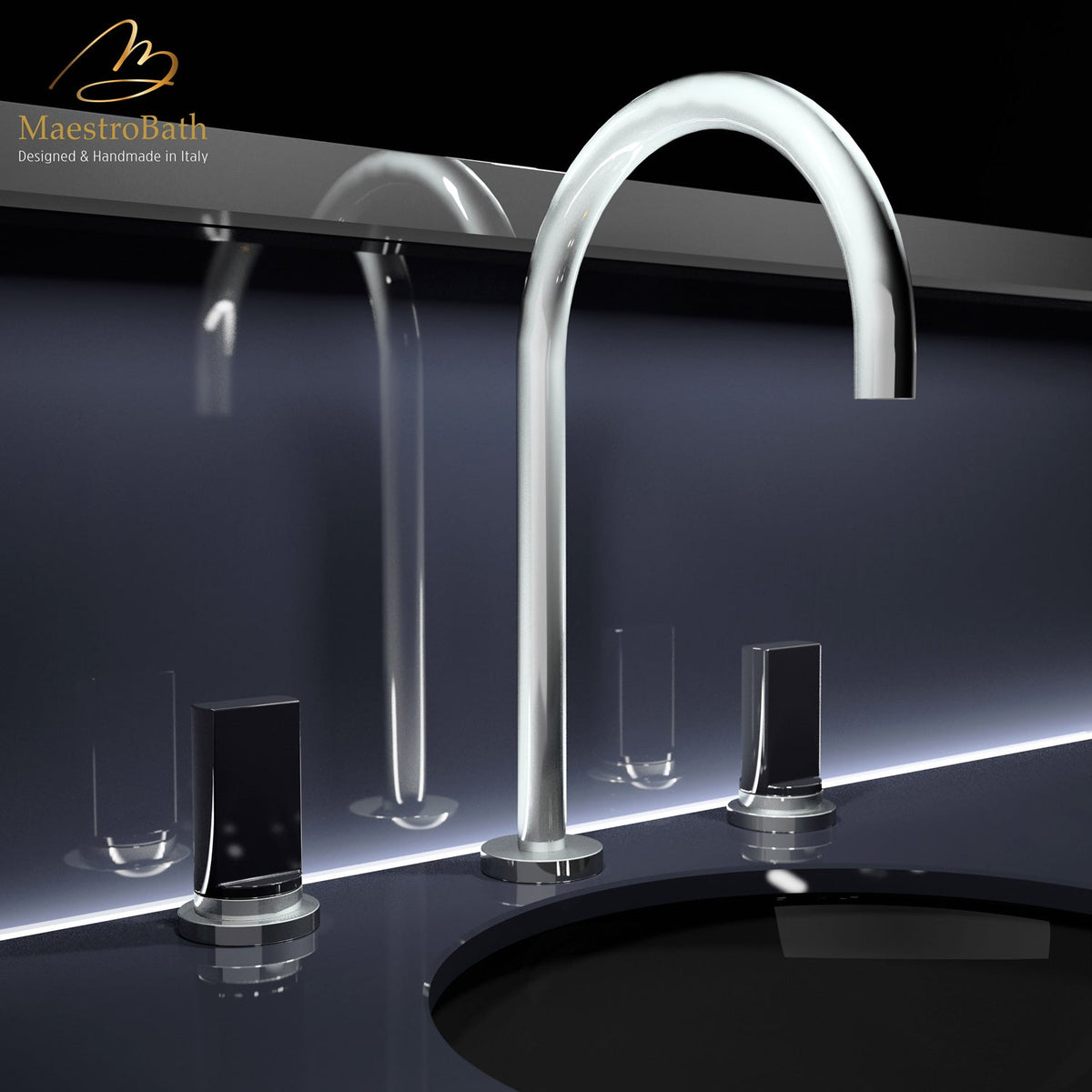 Deck mounted brass three hole bathroom faucet, shown in polished chrome, 14.1 inch spout height and a 7.8 inch spout reach