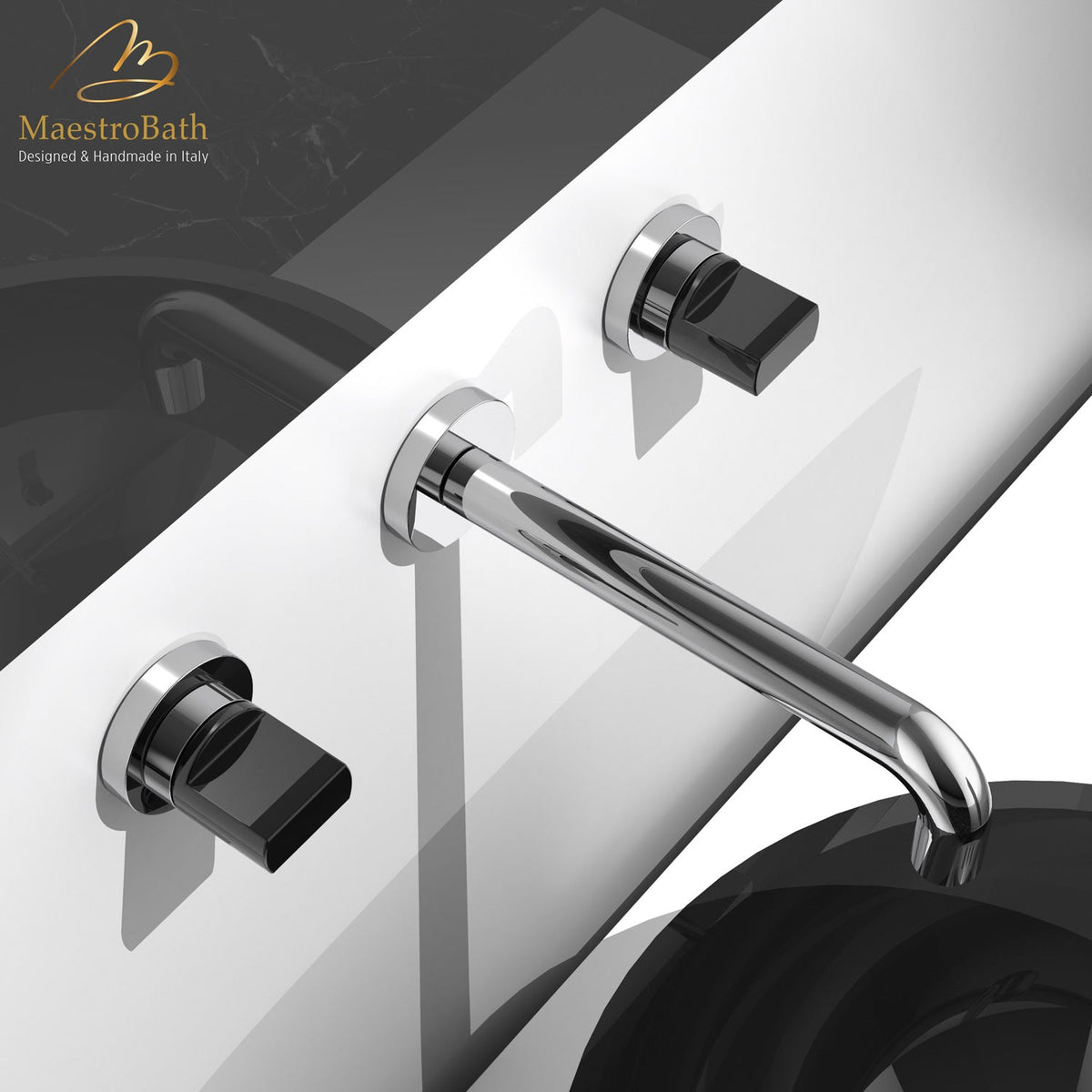 Cubo Luxury Wall-mount Bathroom Faucet, shown in polished chrome, 2.1 inch spout height and a 7.4 inch spout reach