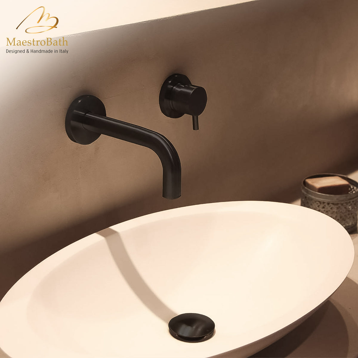 Brass wall mount bathroom faucet, shown in black, 3.1 inch spout height and a 7.4 inch spout reach, made of lead-free brass #color_matte black