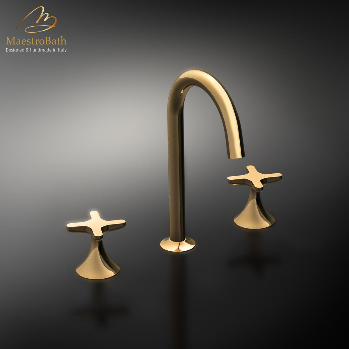 Deck mounted brass three hole bathroom faucet, shown in polished gold, 11.2 inch spout height and a 5.5 inch spout reach #color_polished gold