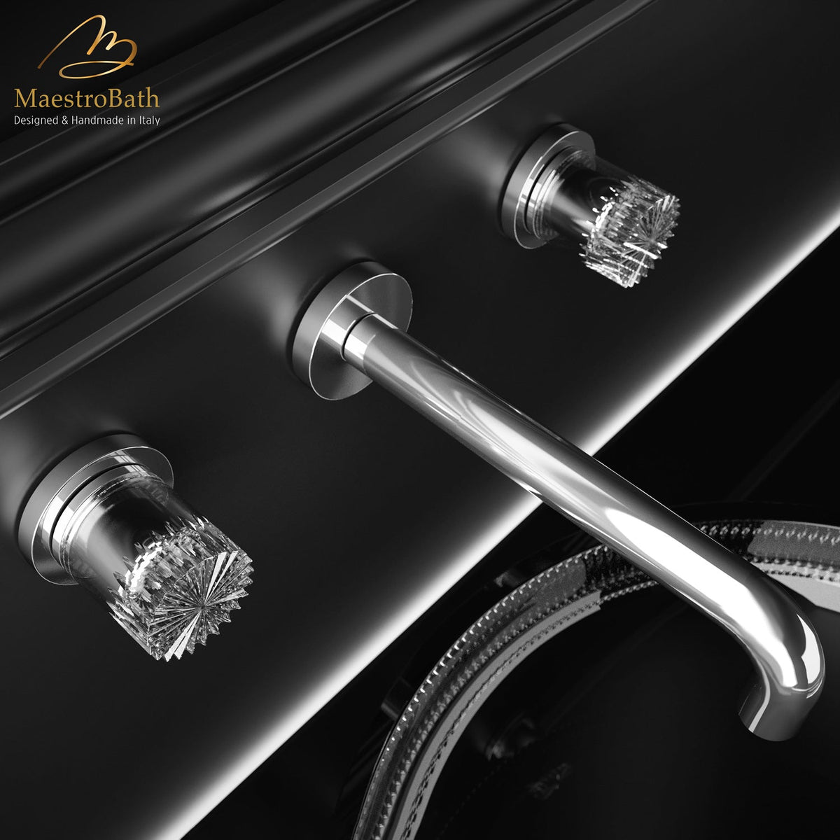 Fiore Luxury Crystal Wall-mount Bathroom Faucet, shown in polished chrome, 2.4 inch spout height and a 8.3 inch spout reach