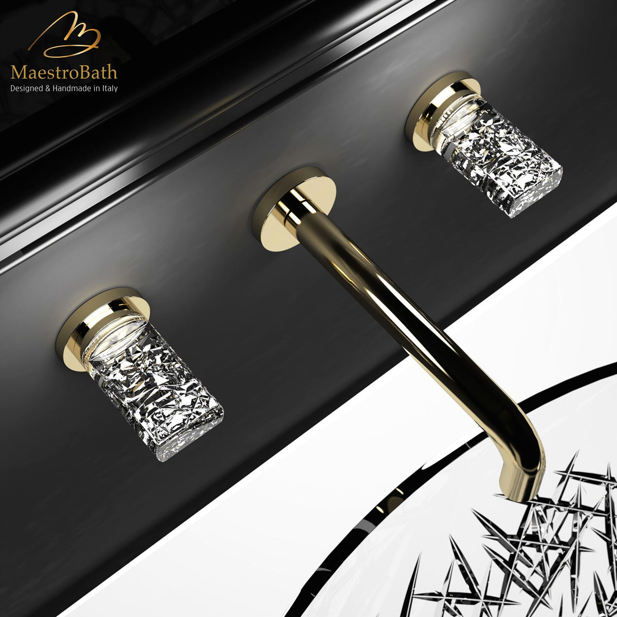 Ice Luxury Wall-mount Bathroom Faucet, shown in polished gold, 2.1 inch spout height and a 8.3 inch spout reach
