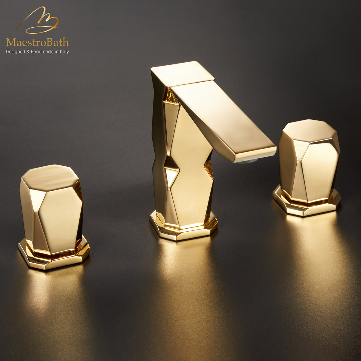 Deck mounted brass three hole bathroom faucet, shown in polished gold, 5.3 inch spout height and a 4.8 inch spout reach #color_polished gold