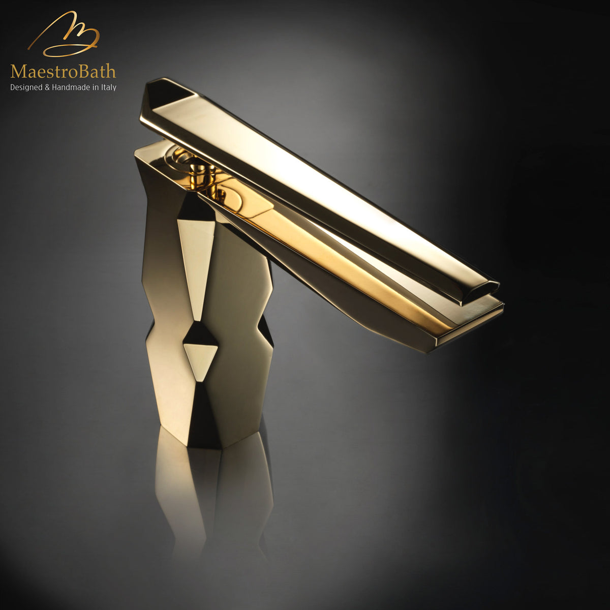 Deck mounted brass single hole bathroom faucet, shown in polished gold, 5.5 inch spout height and a 4.8 inch spout reach #color_polished gold