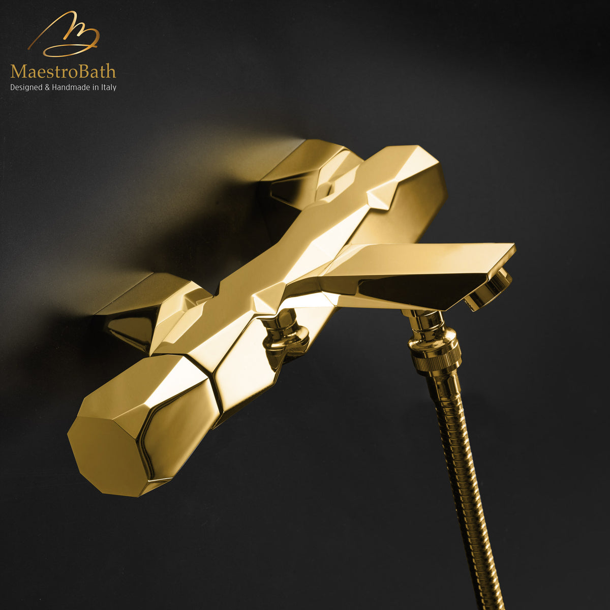 Ikon Wall-mount Tub Filler, shown in polished gold, made of solid brass