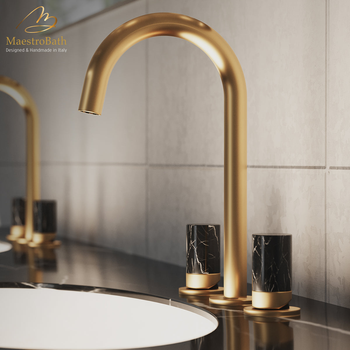 Deck mounted brass three hole bathroom faucet, shown in polished gold, 8 inch spout height and a 6.1 inch spout reach