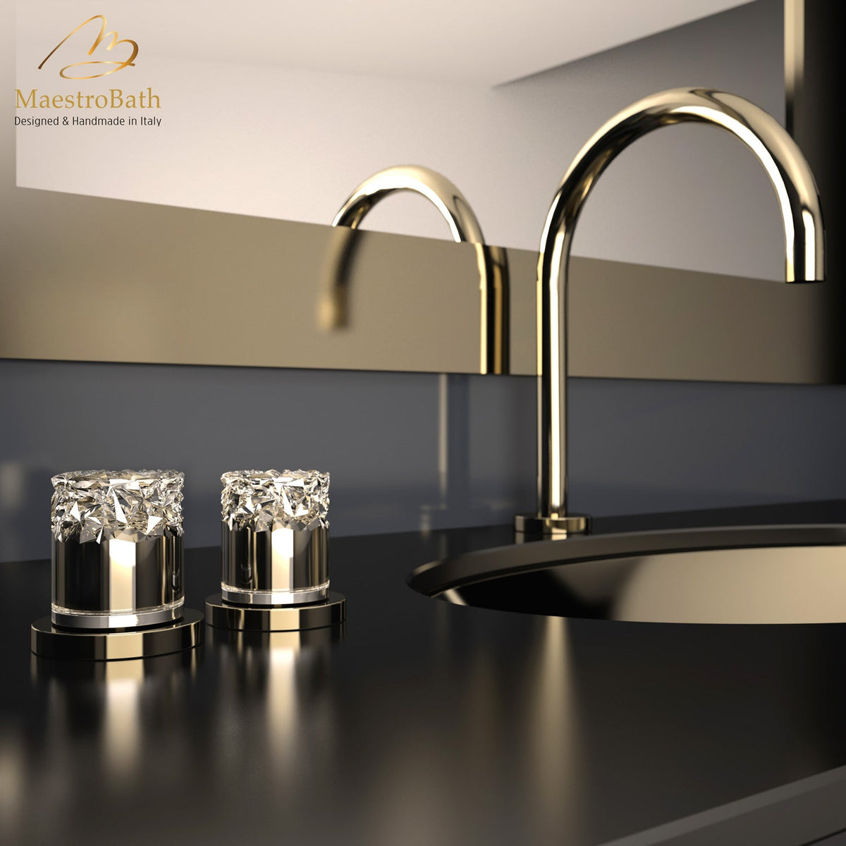 Miraggio Luxury Crystal 3 Hole Bathroom Faucet, shown in polished gold, 14.1 inch spout height and a 7.8 inch spout reach