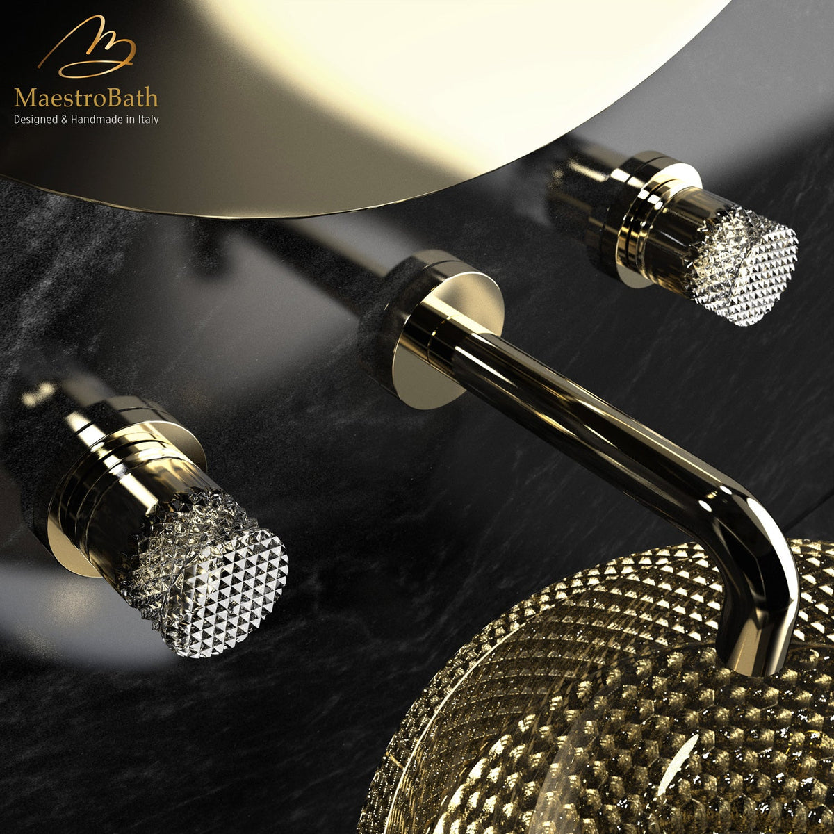 Miraggio Crystal Wall Mount Bathroom Faucet, shown in polished gold, 2.1 inch spout height and a 8.3 inch spout reach