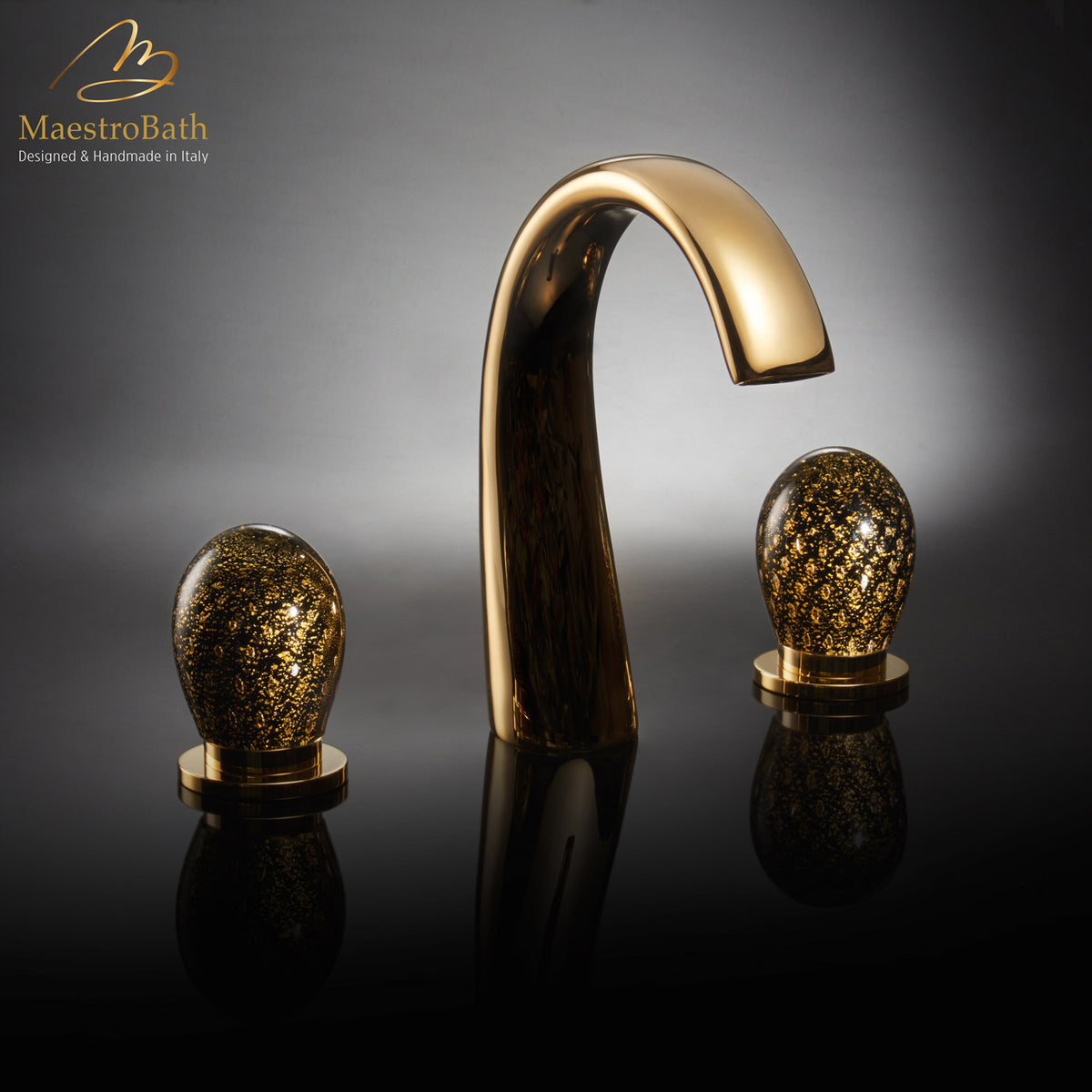 Deck mounted brass three hole bathroom faucet, shown in black and gold, 6.1 inch spout height, made of lead-free brass