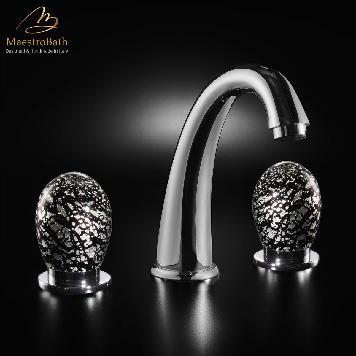 Deck mounted brass three hole bathroom faucet, shown in black and silver, 4.5 inch spout height and a 5.9 inch spout reach #color_black and silver