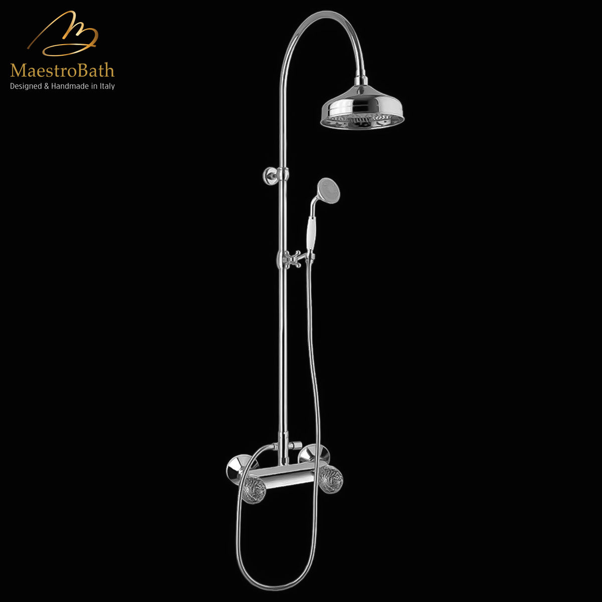 Wall mounted Murano glass complete shower set, shown in polished chrome, made of Murano glass on a brass body