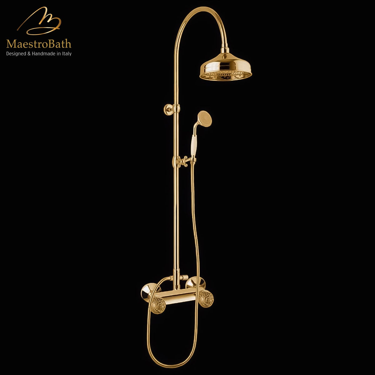 Wall mounted Murano glass complete shower set, shown in polished gold, made of Murano glass on a brass body