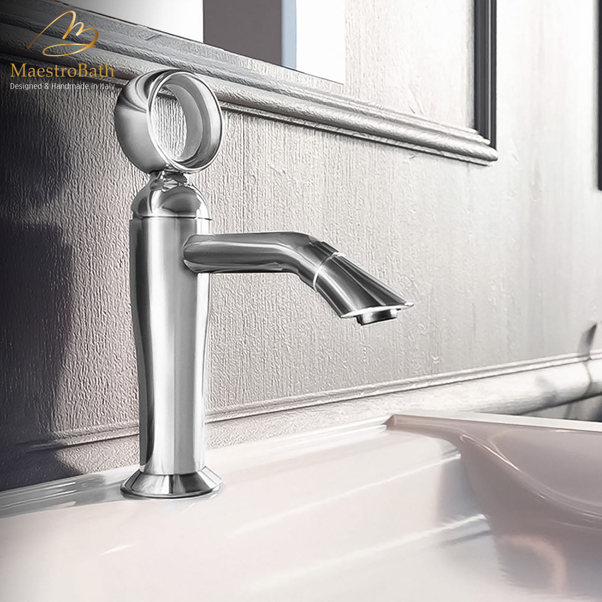 Deck mounted brass single hole bathroom faucet, shown in polished chrome, 8.5 inch spout height and a 5.1 inch spout reach #color_polished chrome
