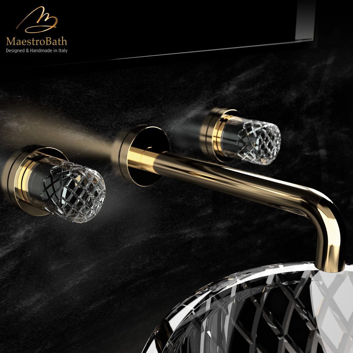 Poli Luxury Crystal Wall-mount Bathroom Faucet, shown in polished gold, 2.4 inch spout height and a 8.3 inch spout reach