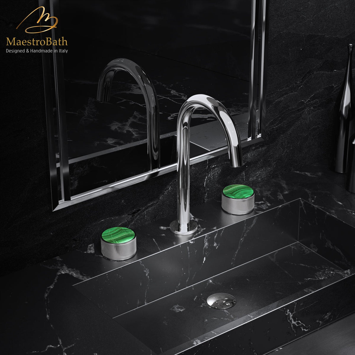 Deck mounted brass three hole bathroom faucet, shown in polished chrome, 11 inch spout height and a 5.5 inch spout reach