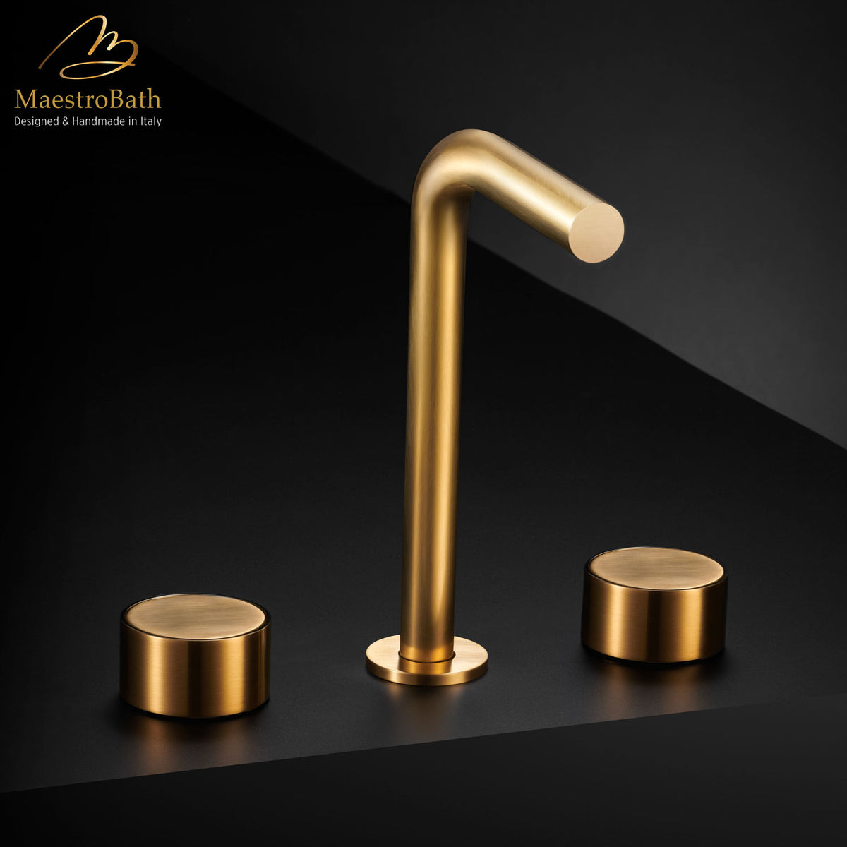 Deck mounted brass three hole bathroom faucet, shown in brushed gold, 9.7 inch spout height and a 5.7 inch spout reach #color_brushed gold