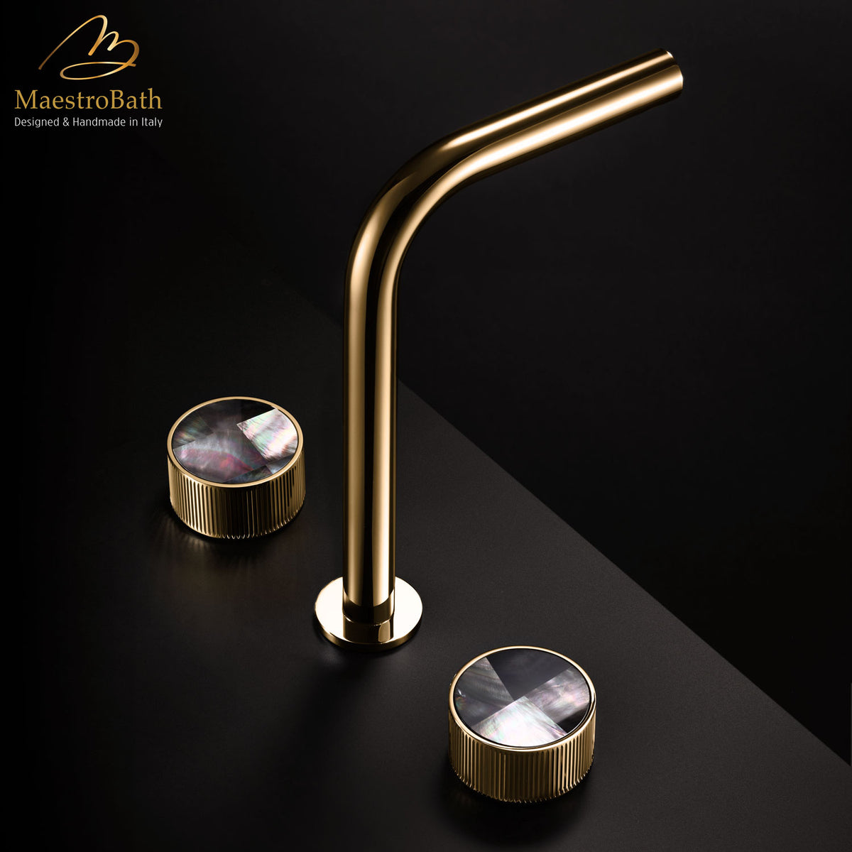 Deck mounted brass three hole bathroom faucet, shown in polished gold, 9.7 inch spout height and a 5.7 inch spout reach #color_polished gold