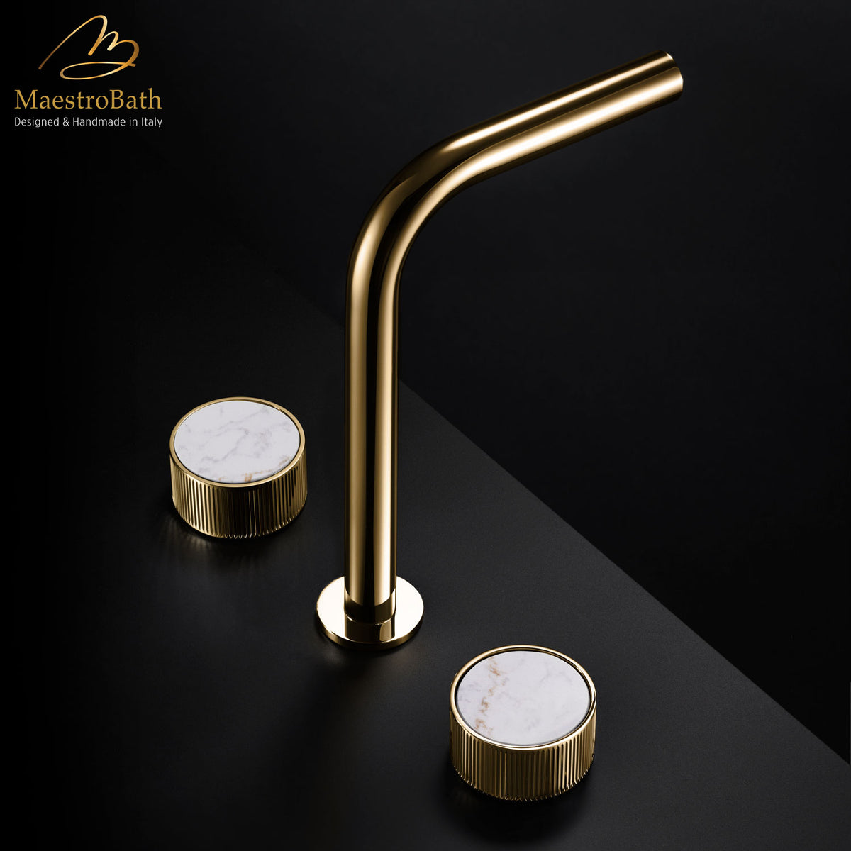 Widespread three hole brass bathroom faucet in gold with mother of pearl white handles, 9.7 inch #color_polished gold