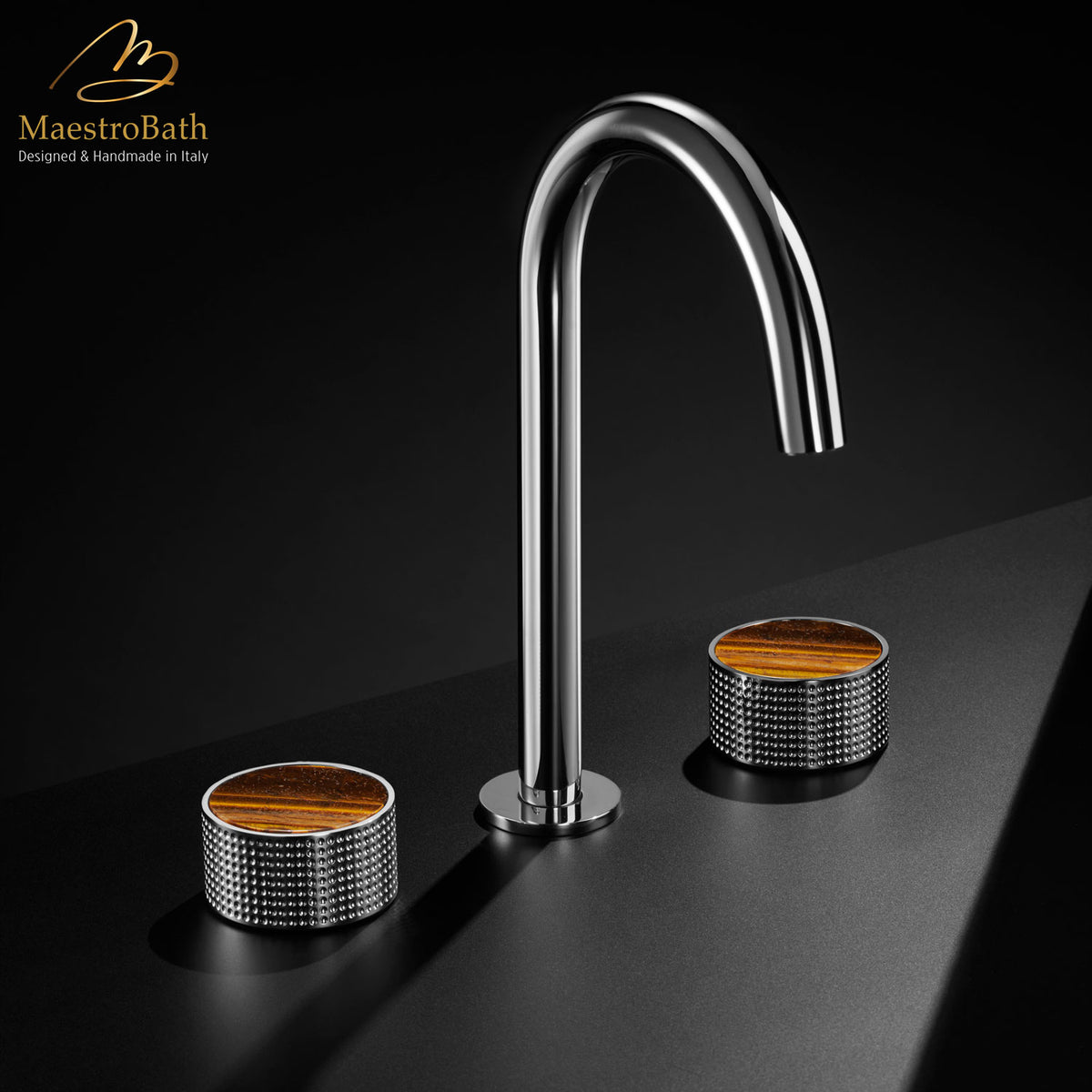 Preziosa Luxury 3-hole Bathroom Faucet, shown in polished chrome, 11 inch spout height and a 5.5 inch spout reach