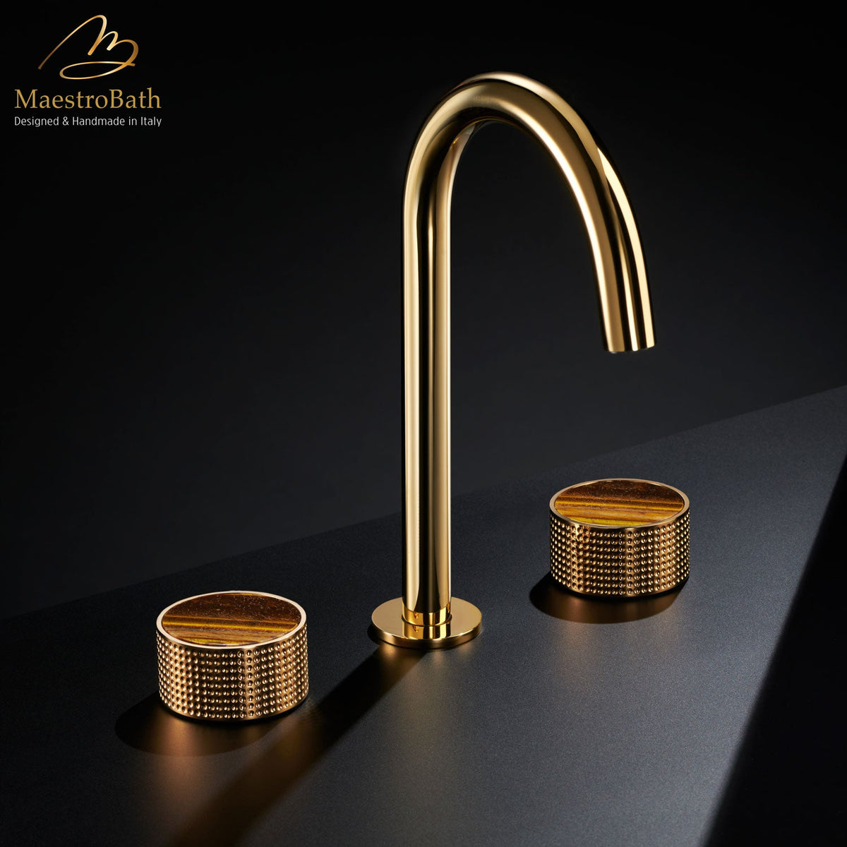 Deck mounted brass three hole bathroom faucet, shown in polished gold