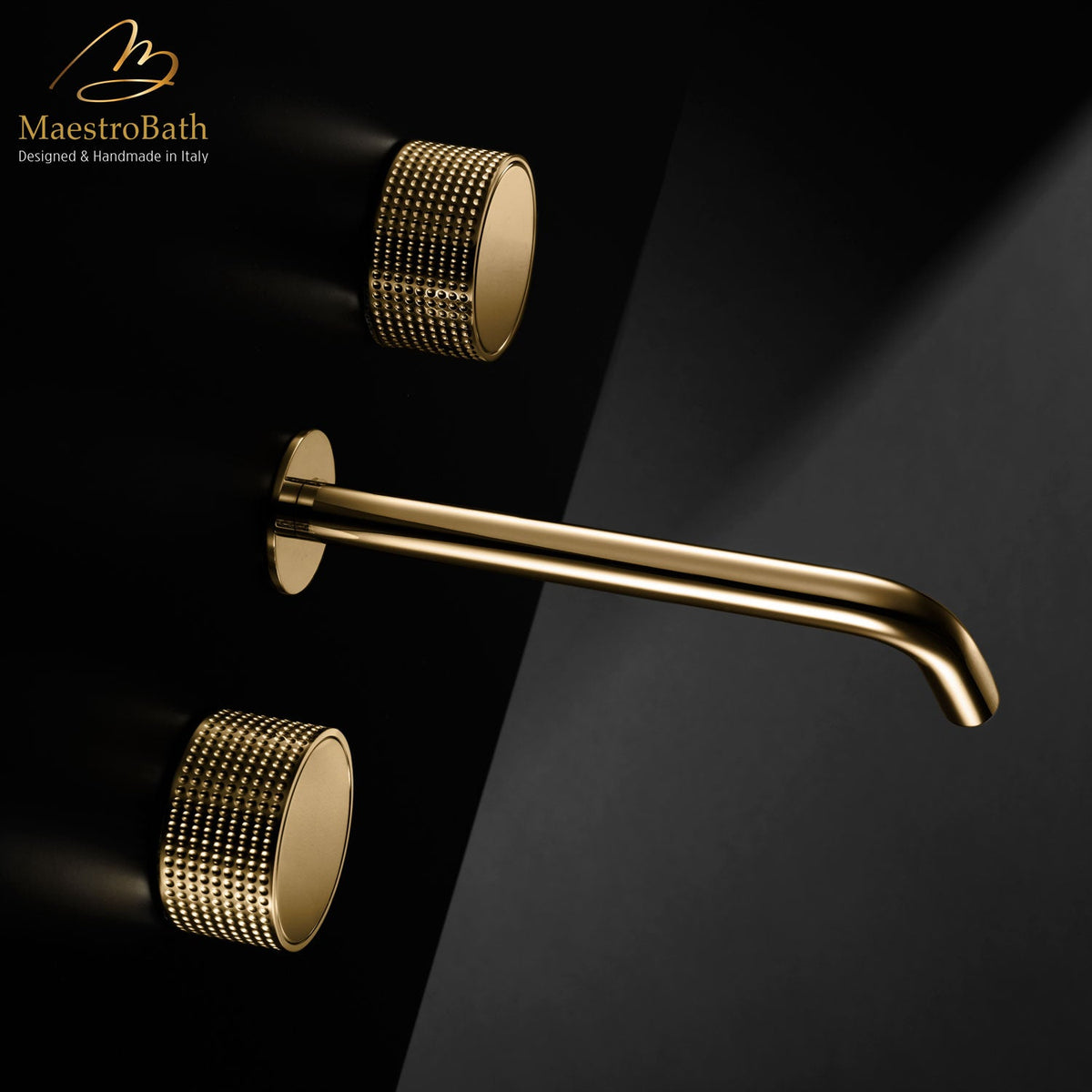 Preziosa Luxury Wall-mount Bathroom Faucet, shown in polished gold, 1.2 inch spout height and a 10.1 inch spout reach