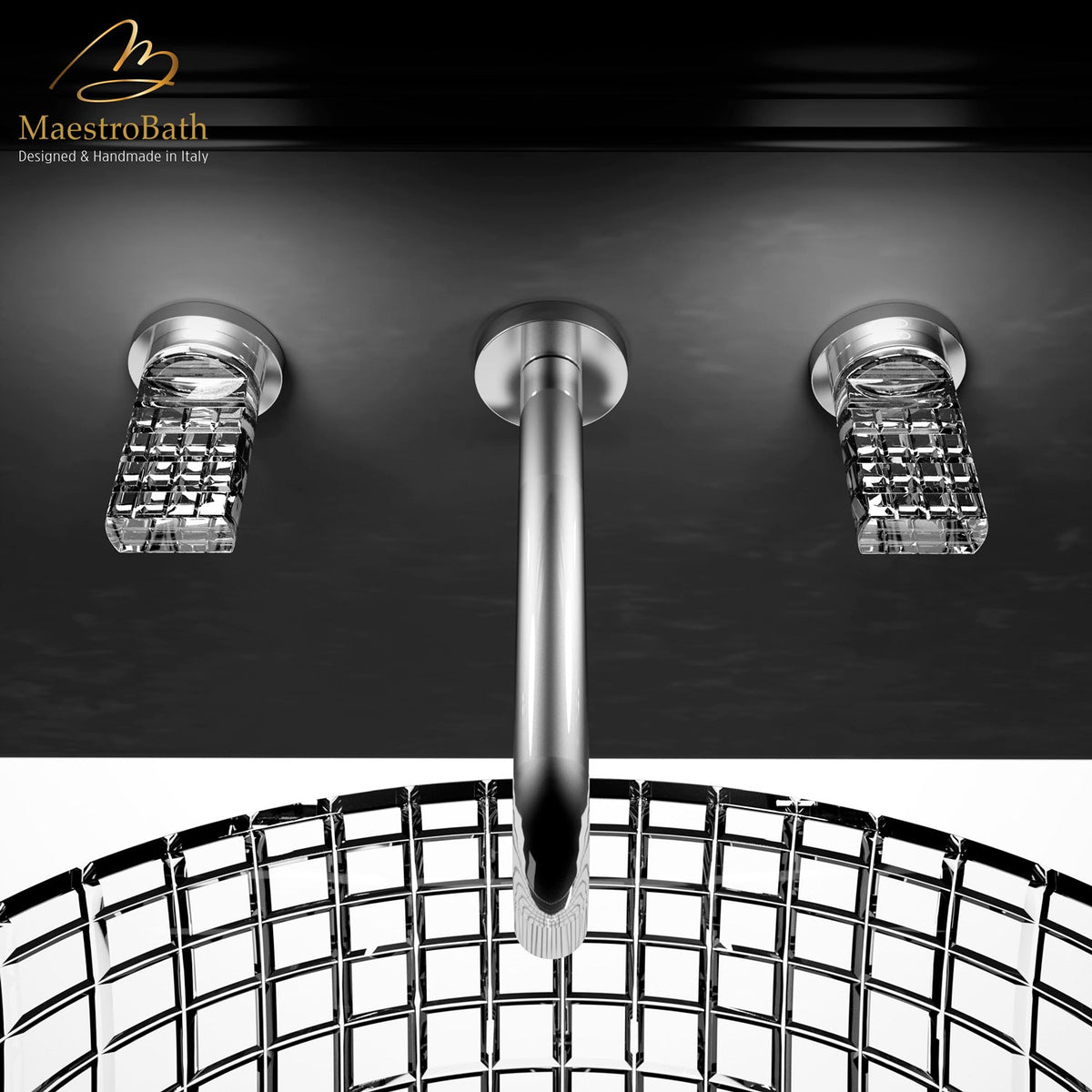 Quadra Luxury Wall-mount Bathroom Faucet, shown in polished chrome, 2.1 inch spout height and a 8.3 inch spout reach