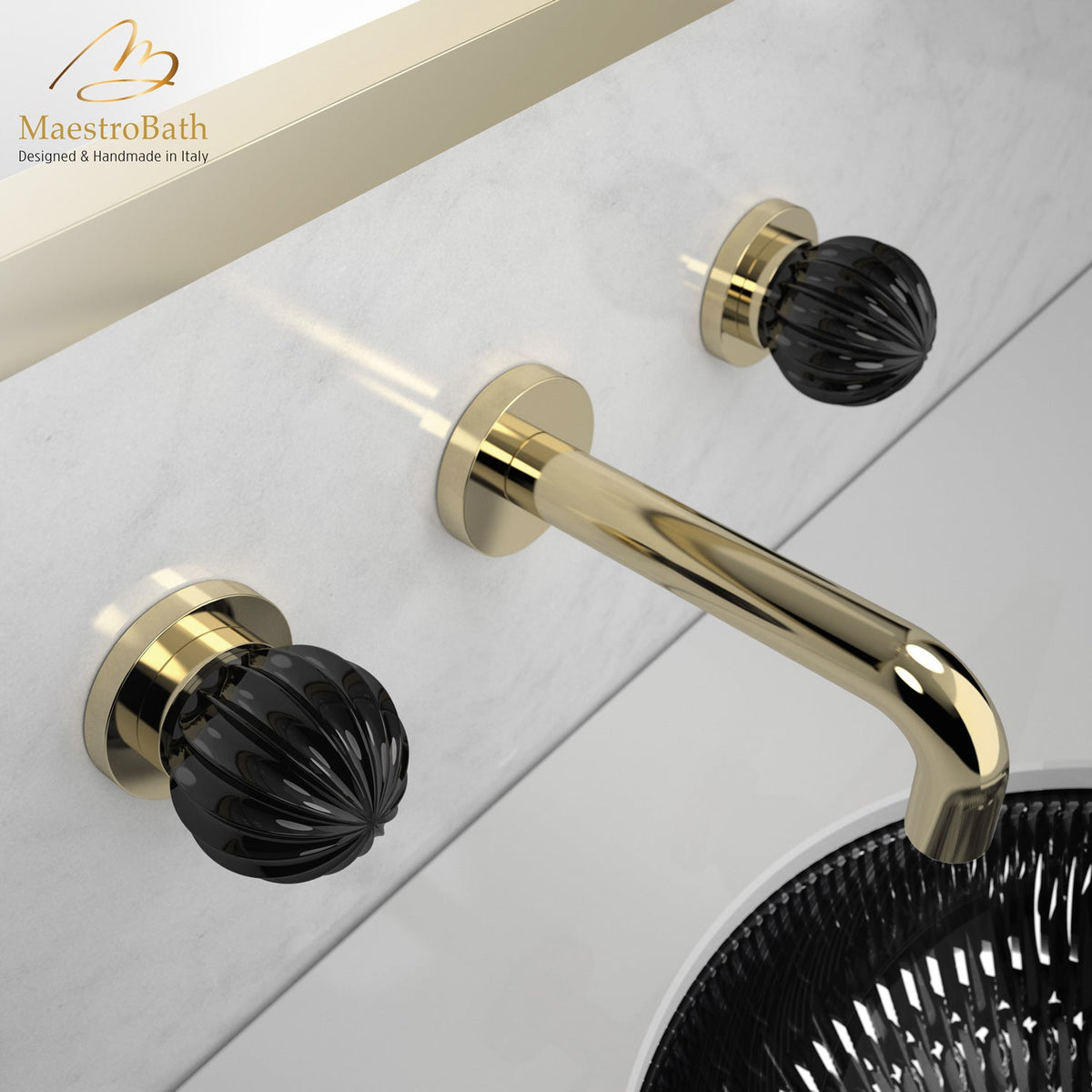 Royal Luxury Crystal Wall-mount Bathroom Faucet, shown in polished gold, 3 inch spout height and a 8.3 inch spout reach