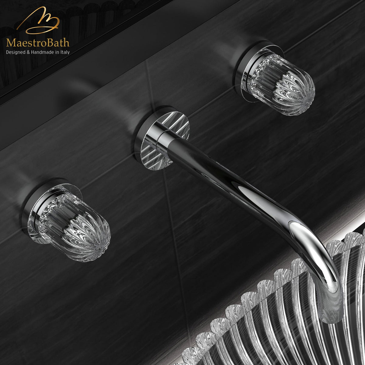 Royal Luxury Wall-mount Bathroom Faucet, shown in polished chrome, 2.8 inch spout height and a 8.3 inch spout reach