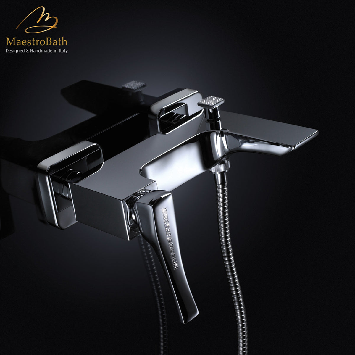 Brass tub filler, shown in polished chrome, 7.5 inch by 5.2 inch by 6.6 inch, made of solid brass
