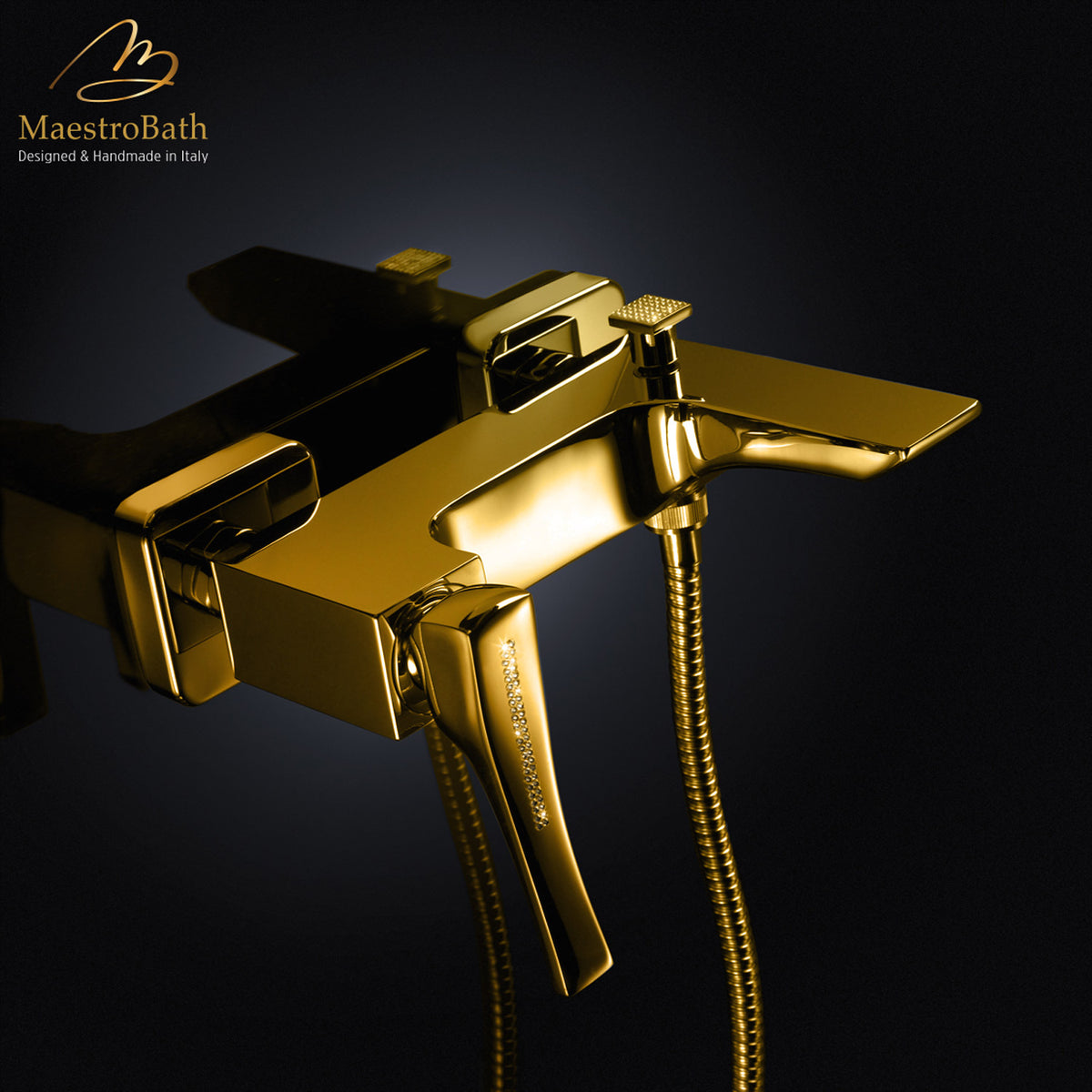 Brass tub filler, shown in polished gold, 7.5 inch by 5.2 inch by 6.6 inch, made of solid brass