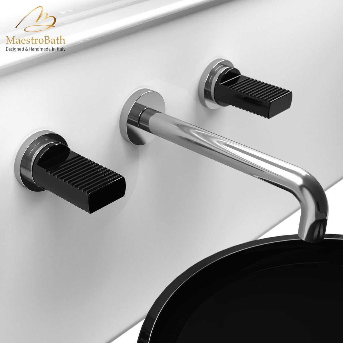 Tonalita Luxury Wall-mount Bathroom Faucet, shown in polished chrome, 2.1 inch spout height and a 8.3 inch spout reach