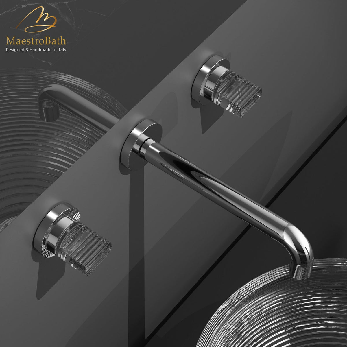 Tonalita Luxury Wall-mount Bathroom Faucet, shown in polished chrome, 2.1 inch spout height and a 7.4 inch spout reach