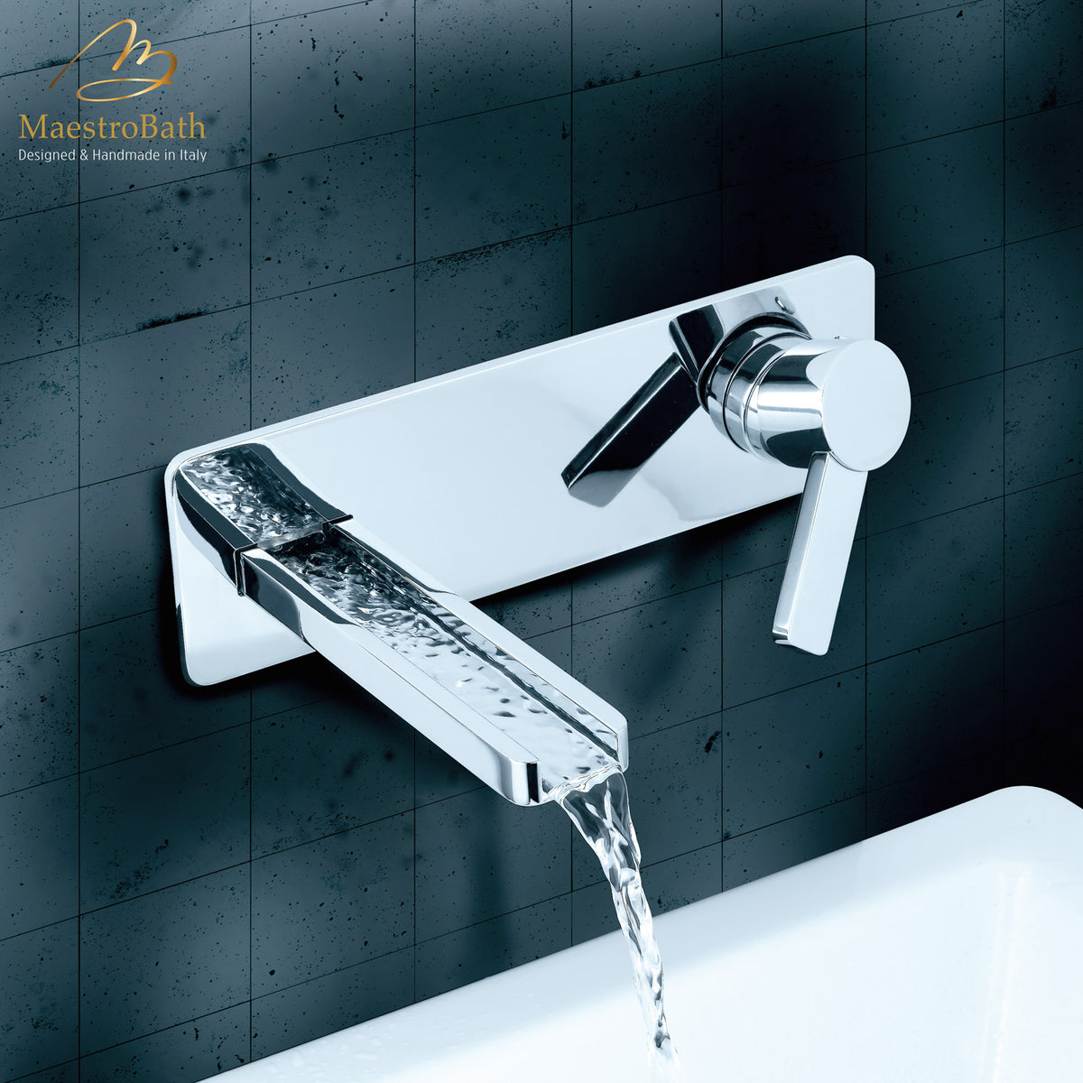 Aqua Modern Wall Mount Bathroom Faucet, shown in polished chrome, 3.1 inch spout height and a 5.5 inch spout reach #color_polished chrome