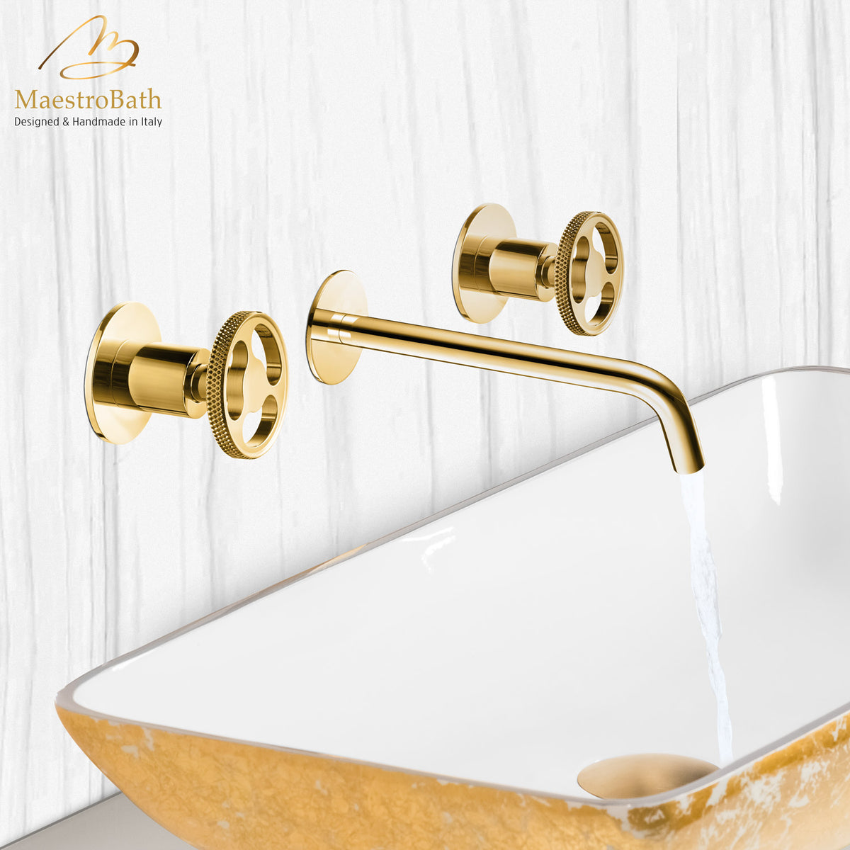 Country Luxury Wall-Mount Bathroom Faucet, shown in polished gold, 1.9 inch spout height and a 7.9 inch spout reach #color_polished gold