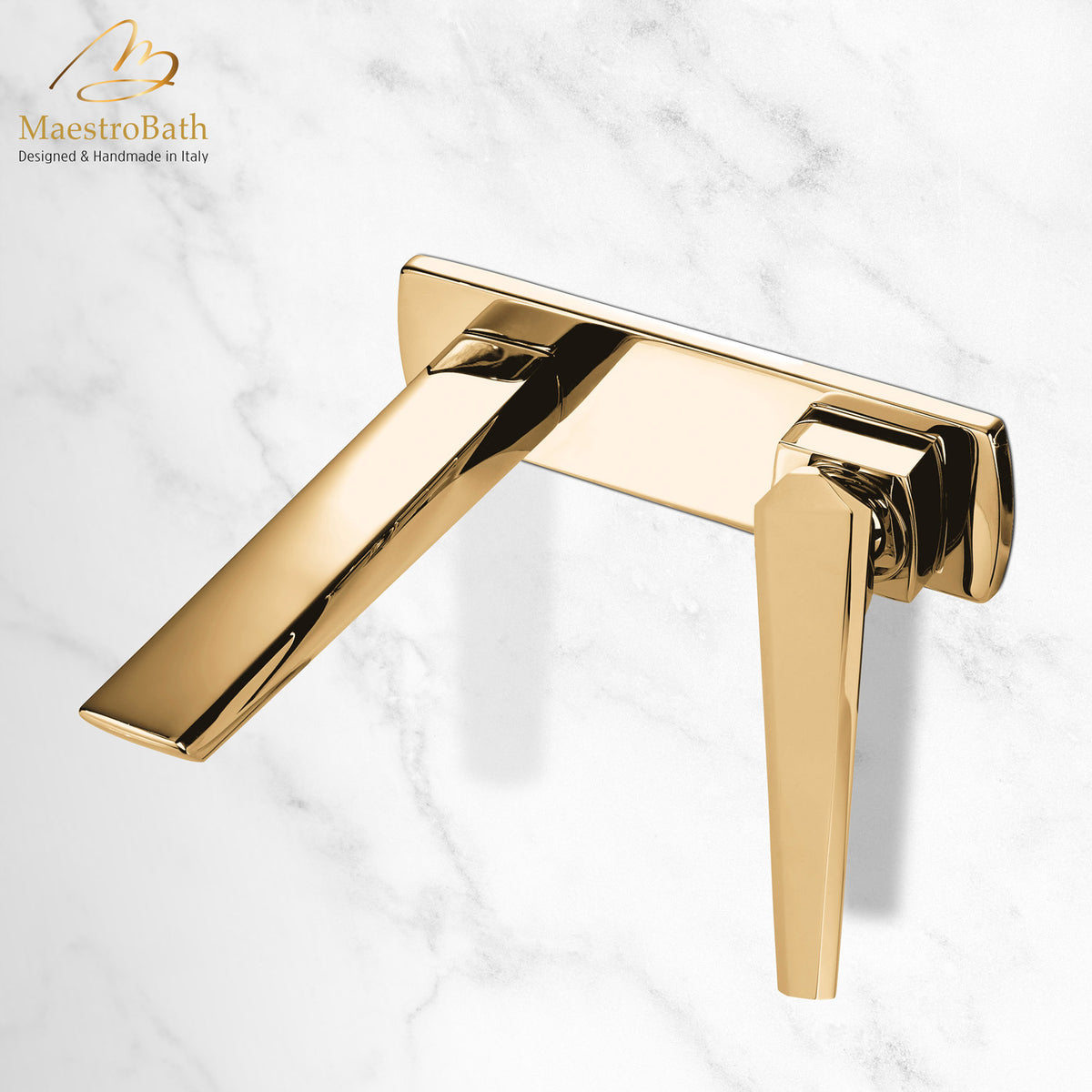 Ikon Luxury Wall-Mount Bathroom Faucet, shown in polished gold, 2.3 inch spout height and a 7.3 inch spout reach #color_polished gold