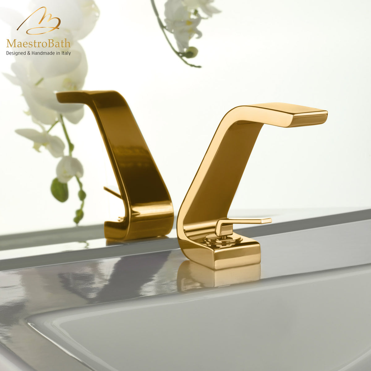 Deck mounted brass single hole bathroom faucet, shown in polished gold, 5.7 inch spout height and a 4.3 inch spout reach #color_polished gold