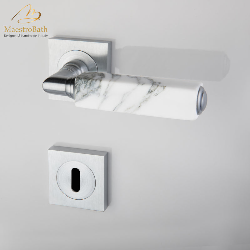 CUBO Marble Door Handle | White/Brushed Chrome