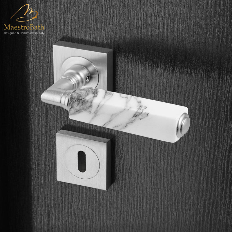 CUBO Marble Door Handle | White/Brushed Chrome