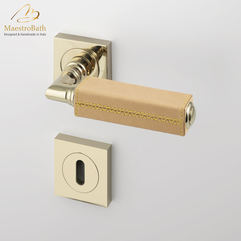 CUBO Leather Door Handle | Camel/Champagne