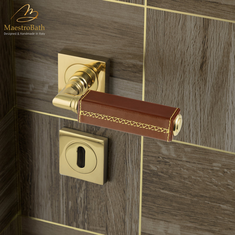 CUBO Leather Door Handle | Natural/Polished Brass