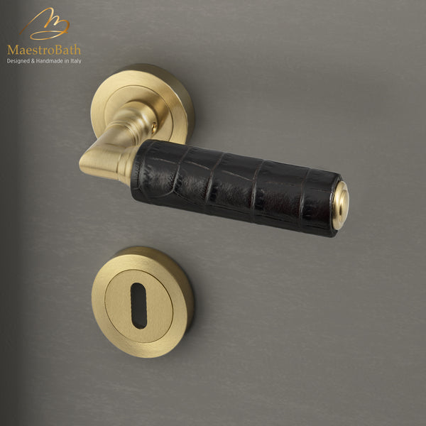KIK Leather Door Handle | Dark Brown/Brushed Brass