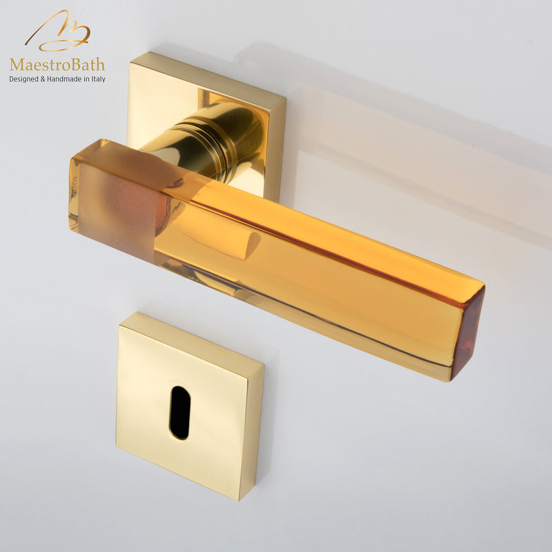 Modern Crystal Door Handle | Amber/Polished Brass