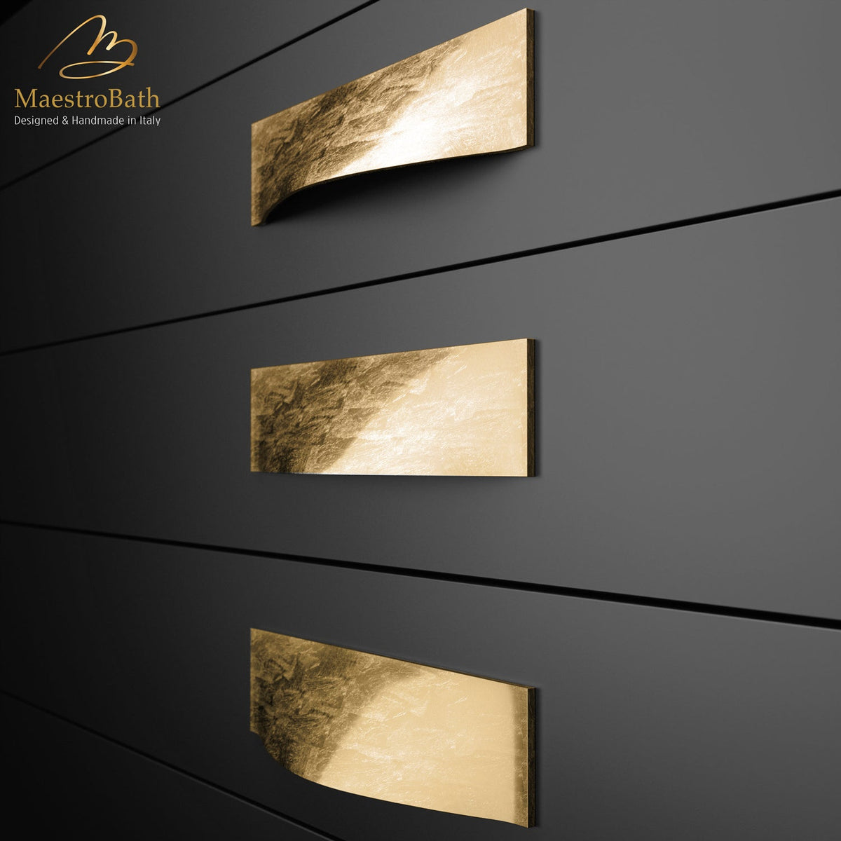 The luxury leaf pull handle, shown in gold leaf, 5.9 inch by 1.6 inch